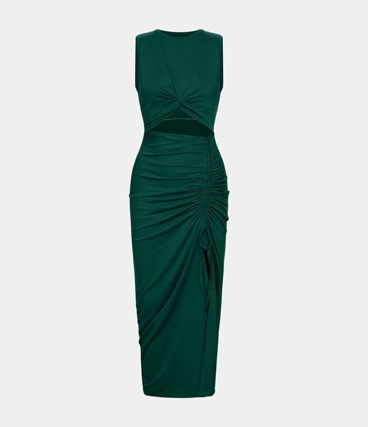 Round Neck Twisted Cut Out Ruched Drawstring Split Hem Bodycon Maxi Casual Dress