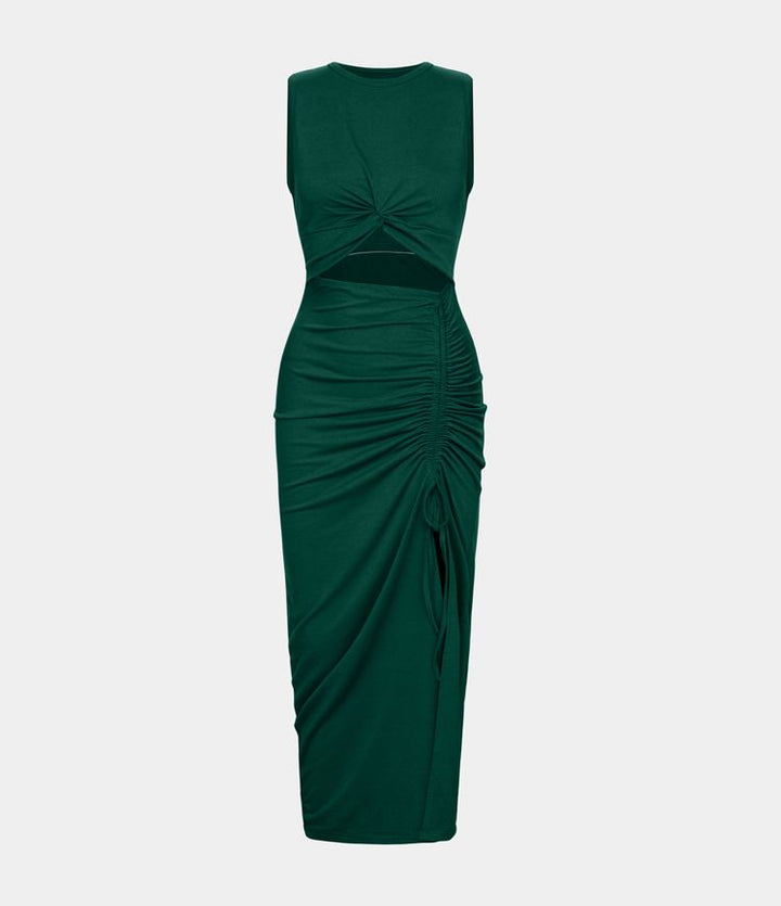 Round Neck Twisted Cut Out Ruched Drawstring Split Hem Bodycon Maxi Casual Dress