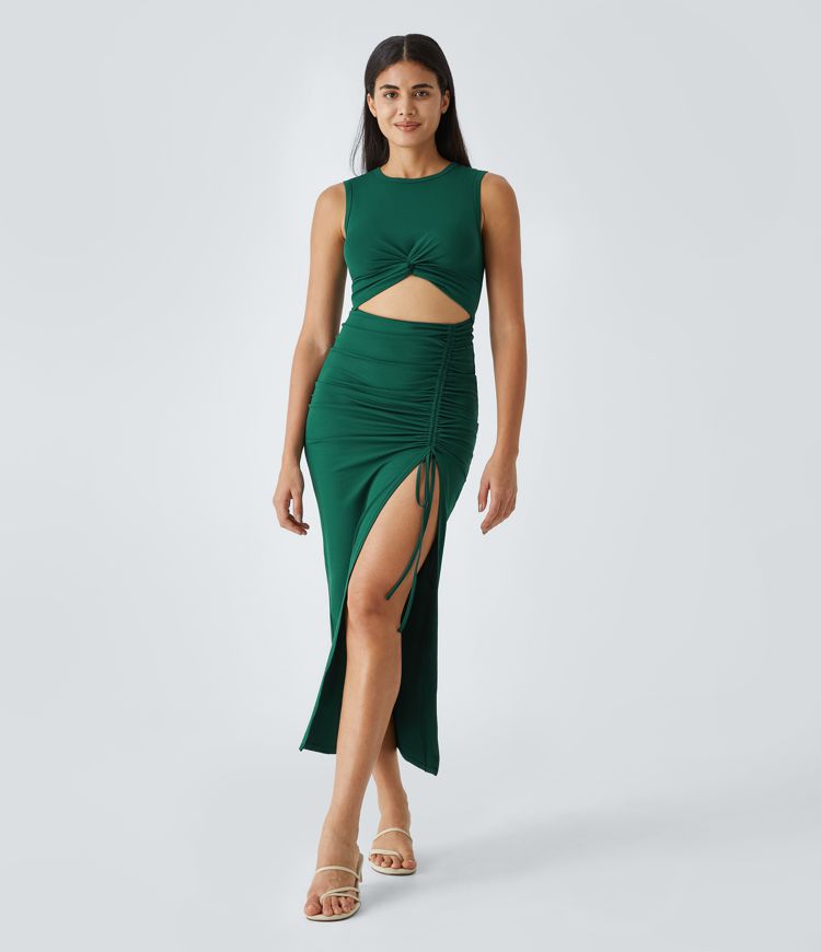 Round Neck Twisted Cut Out Ruched Drawstring Split Hem Bodycon Maxi Casual Dress