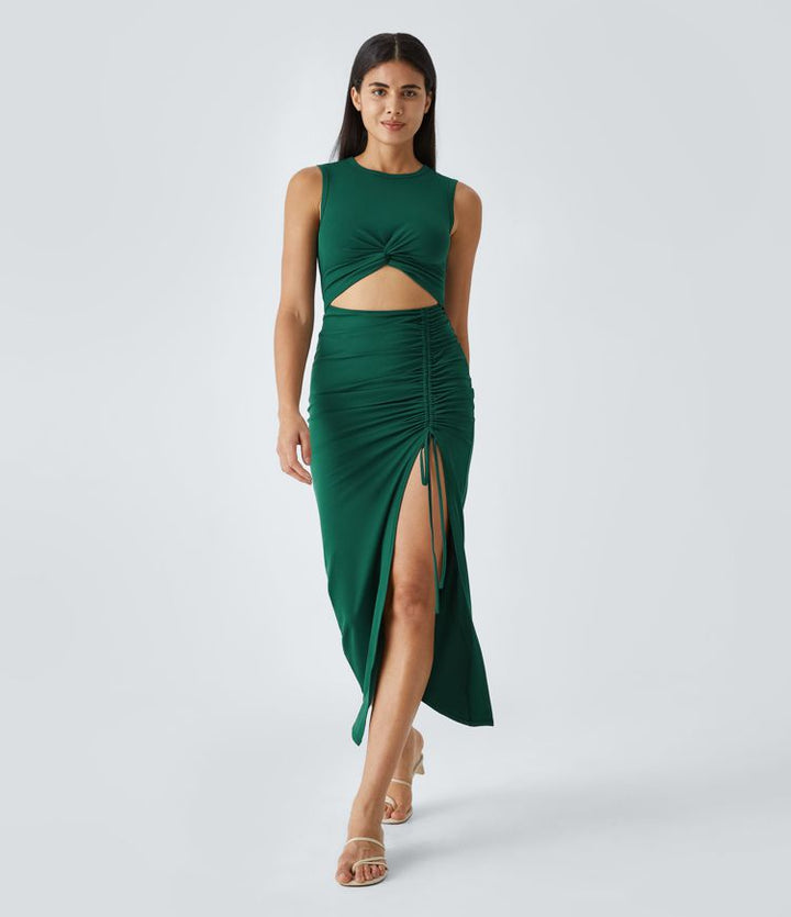 Round Neck Twisted Cut Out Ruched Drawstring Split Hem Bodycon Maxi Ca – Sarah & Scott Sydney
