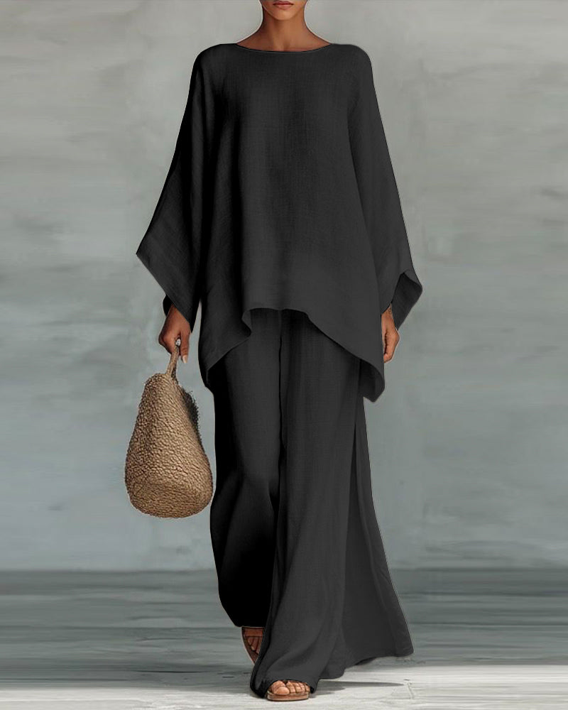 Linen Blend Cape Style Top and Wide Legs Pants Set