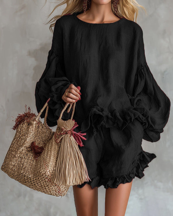 Boho Linen Blend Ruffle Trim Top and Shorts Set