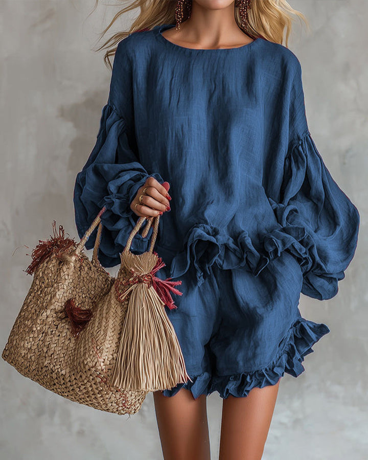 Boho Linen Blend Ruffle Trim Top and Shorts Set