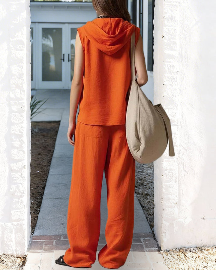 Chic Linen Blend Hooded Sleeveless Shirt Pants Set