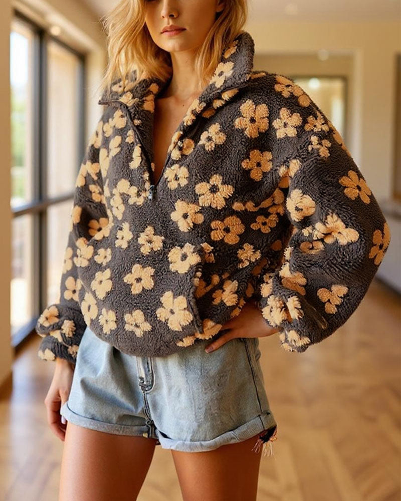 Casual Floral Print Fleece Sweatshirt