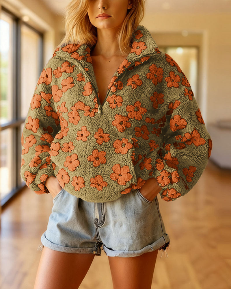 Casual Floral Print Fleece Sweatshirt