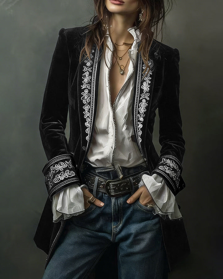 Court-Style Floral Embroidery Velvet Jacket Blazer