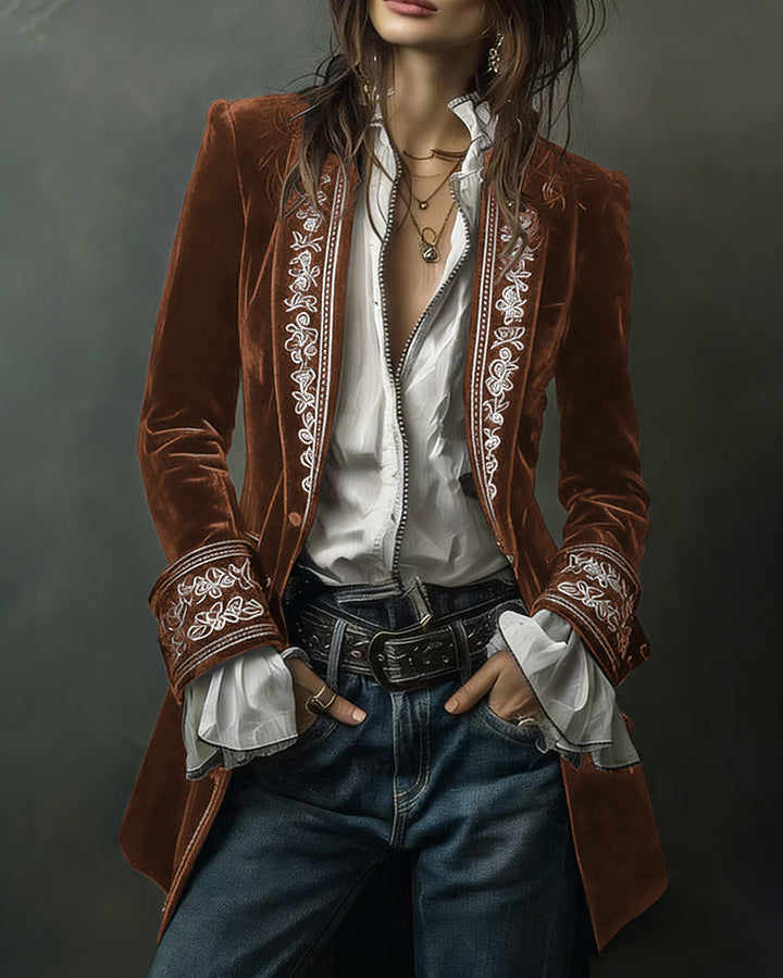 Court-Style Floral Embroidery Velvet Jacket Blazer