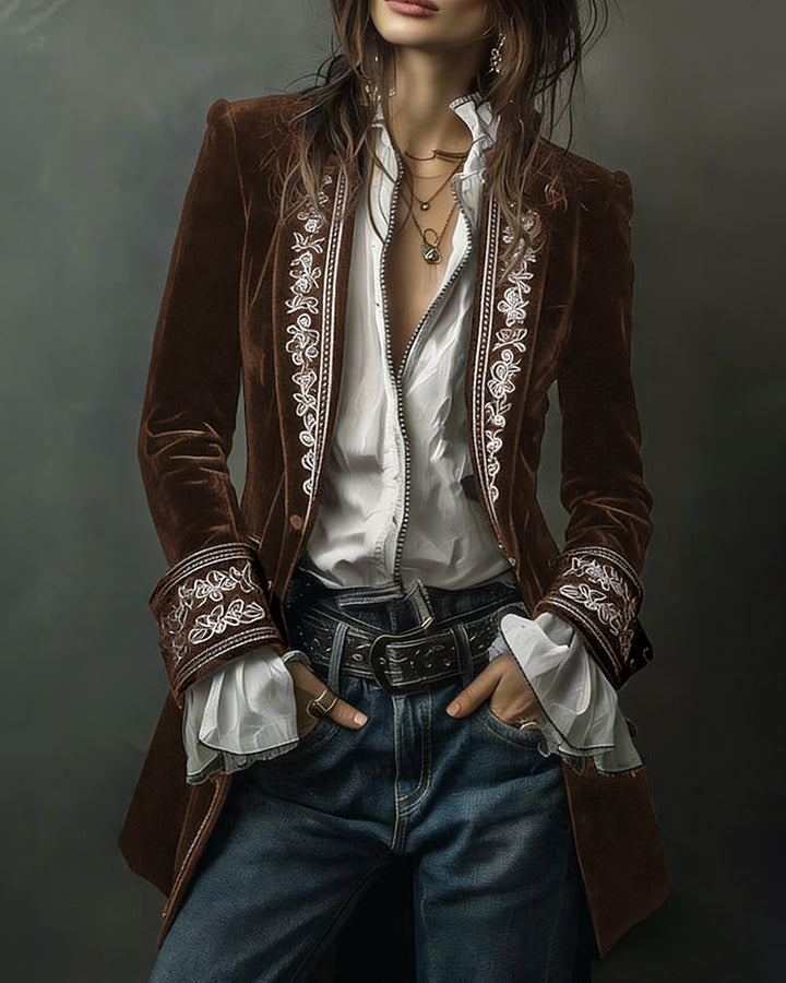 Court-Style Floral Embroidery Velvet Jacket Blazer