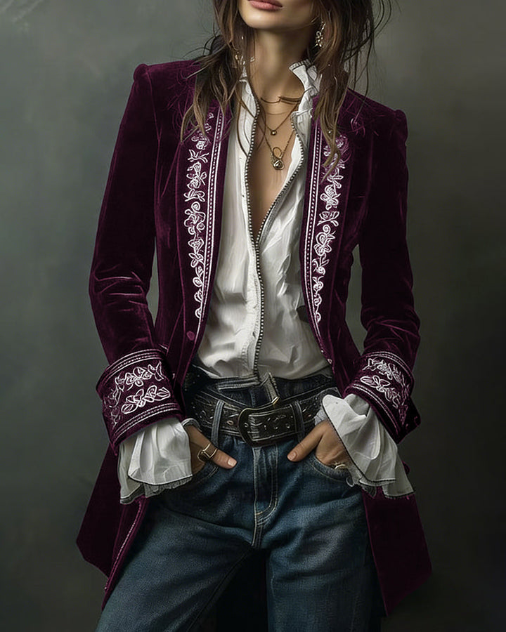 Court-Style Floral Embroidery Velvet Jacket Blazer