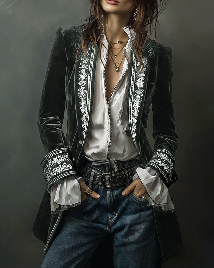 Court-Style Floral Embroidery Velvet Jacket Blazer