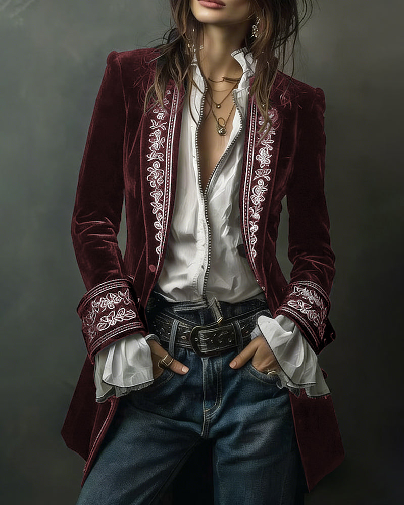 Court-Style Floral Embroidery Velvet Jacket Blazer
