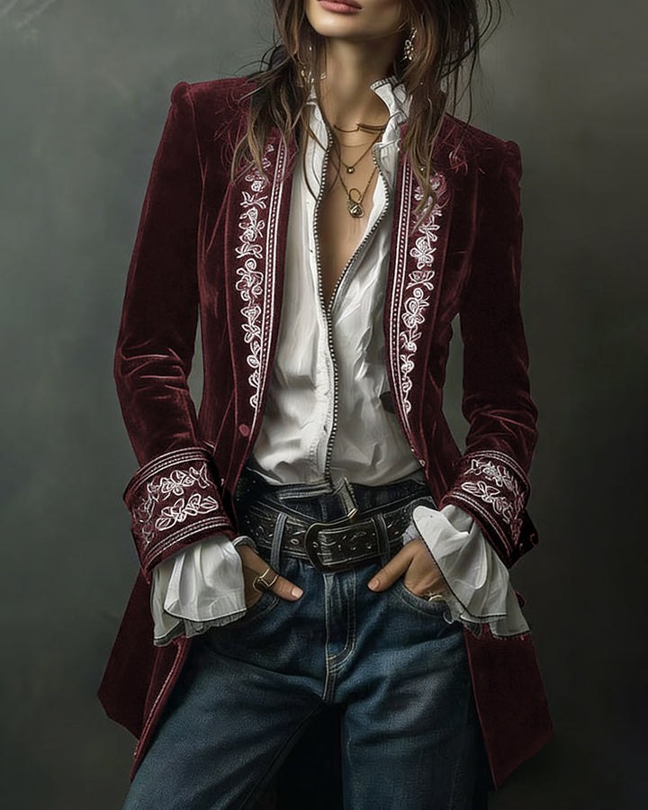 Court-Style Floral Embroidery Velvet Jacket Blazer