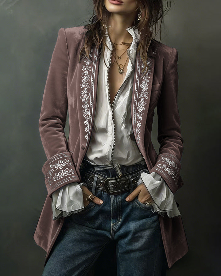 Court-Style Floral Embroidery Velvet Jacket Blazer