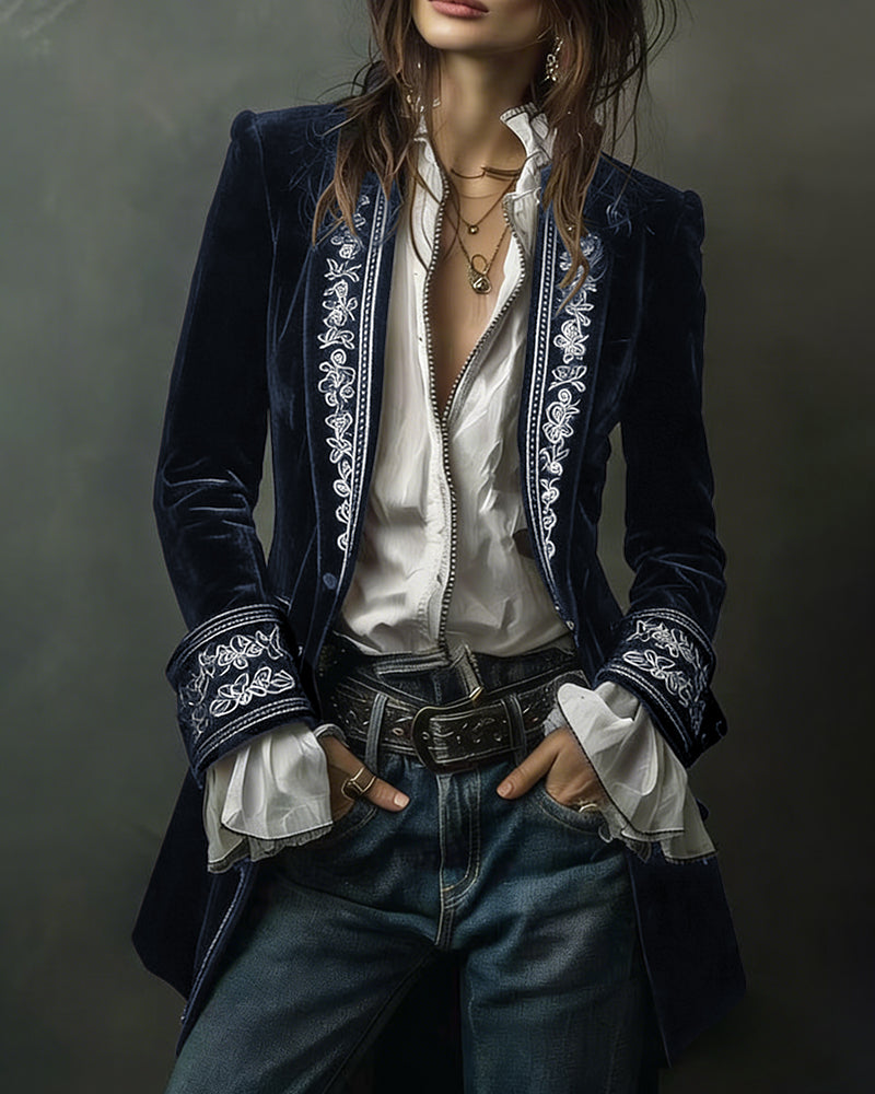 Court-Style Floral Embroidery Velvet Jacket Blazer