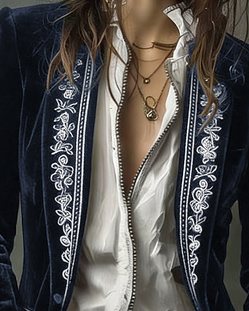 Court-Style Floral Embroidery Velvet Jacket Blazer
