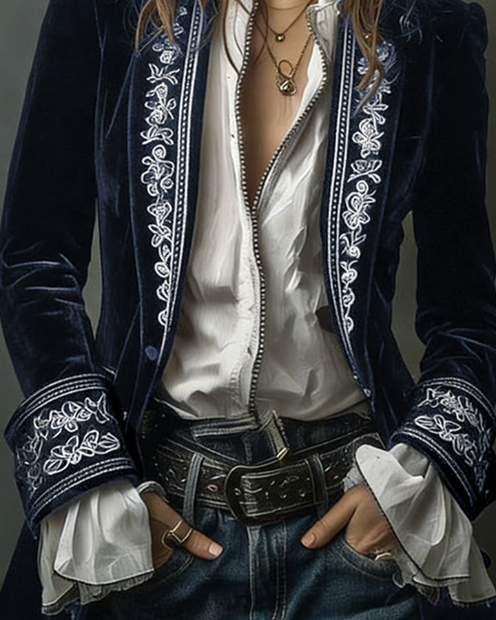 Court-Style Floral Embroidery Velvet Jacket Blazer