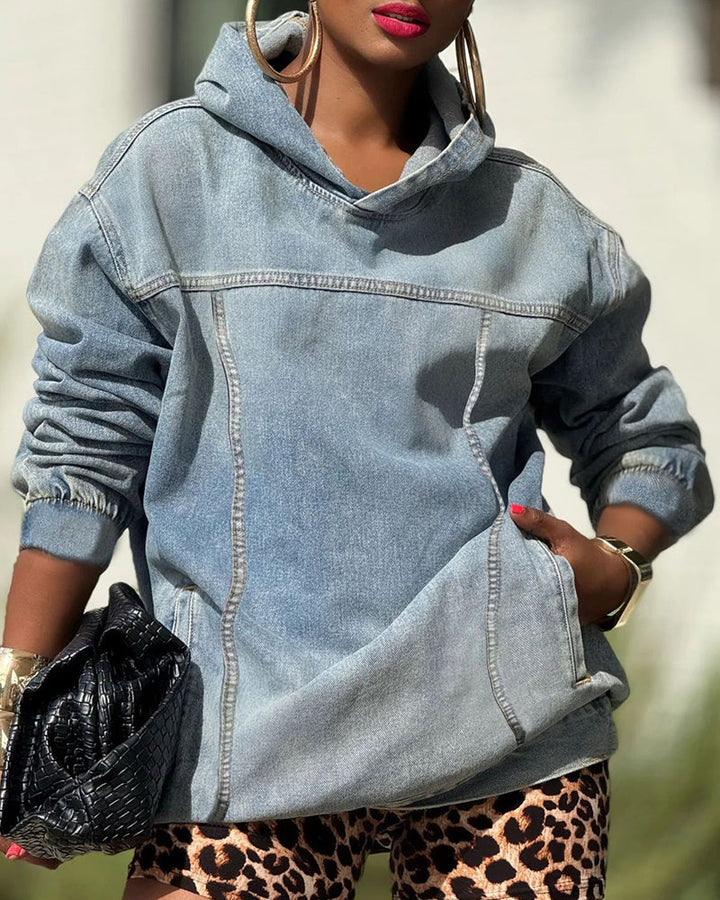 Oversized Washed Distressed Denim Hoodie