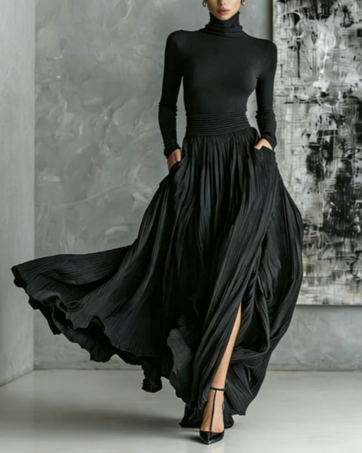 Elegant Turtleneck Pullover Pocket Long Skirt Set