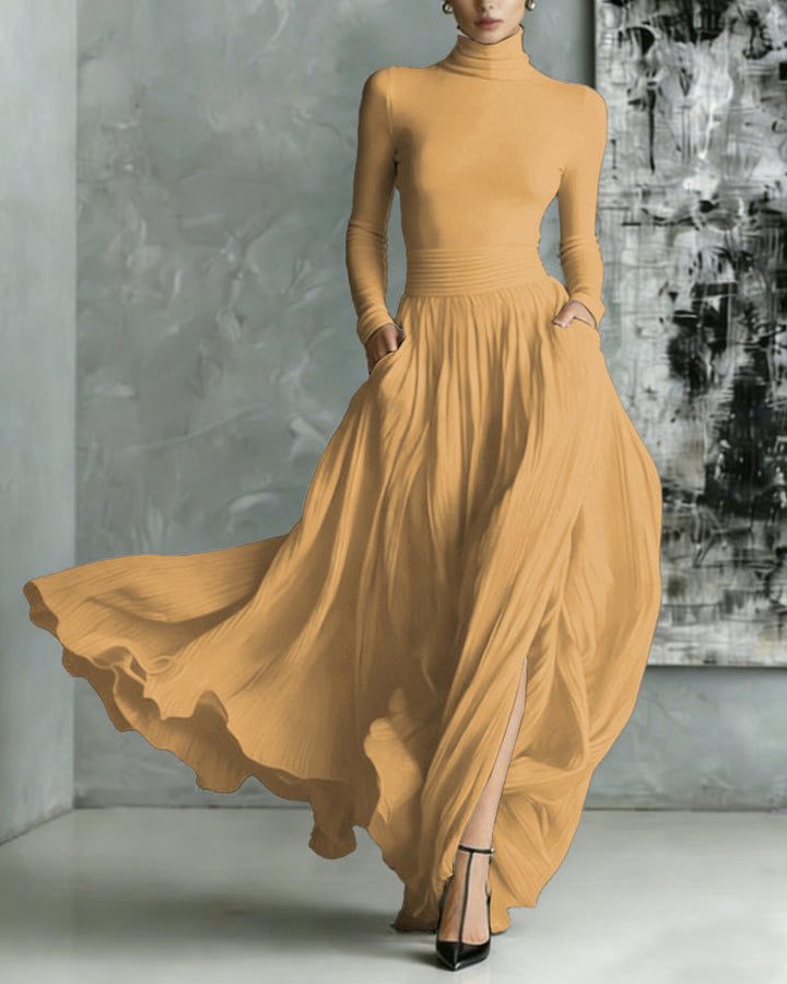 Elegant Turtleneck Pullover Pocket Long Skirt Set