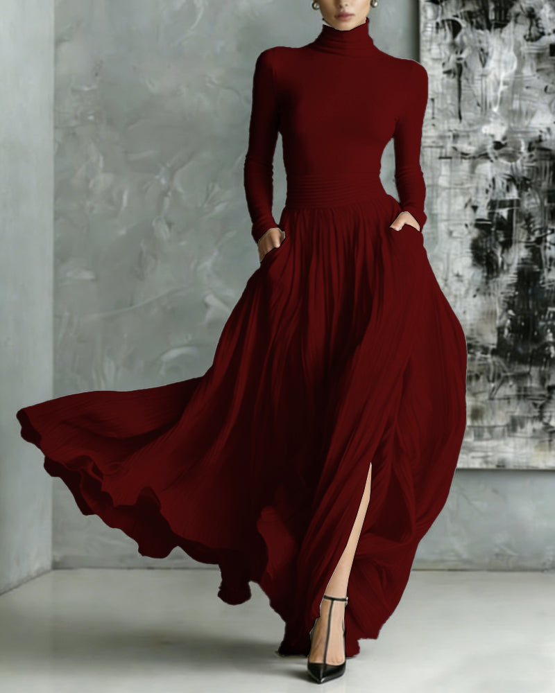 Elegant Turtleneck Pullover Pocket Long Skirt Set