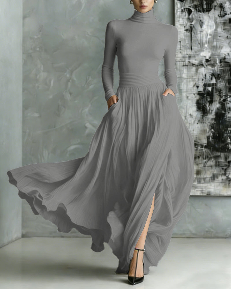 Elegant Turtleneck Pullover Pocket Long Skirt Set
