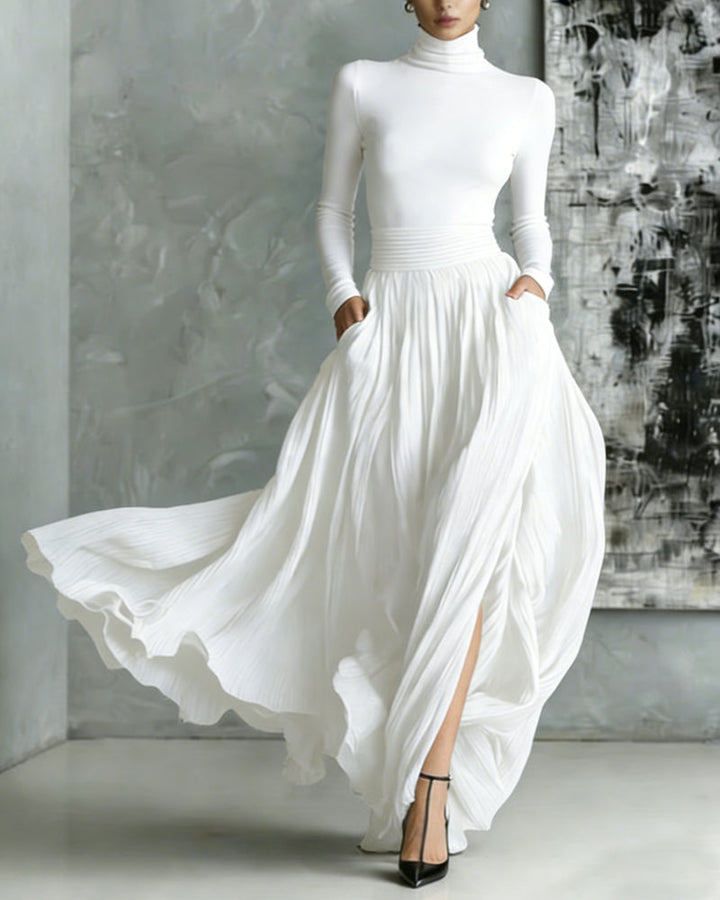Elegant Turtleneck Pullover Pocket Long Skirt Set