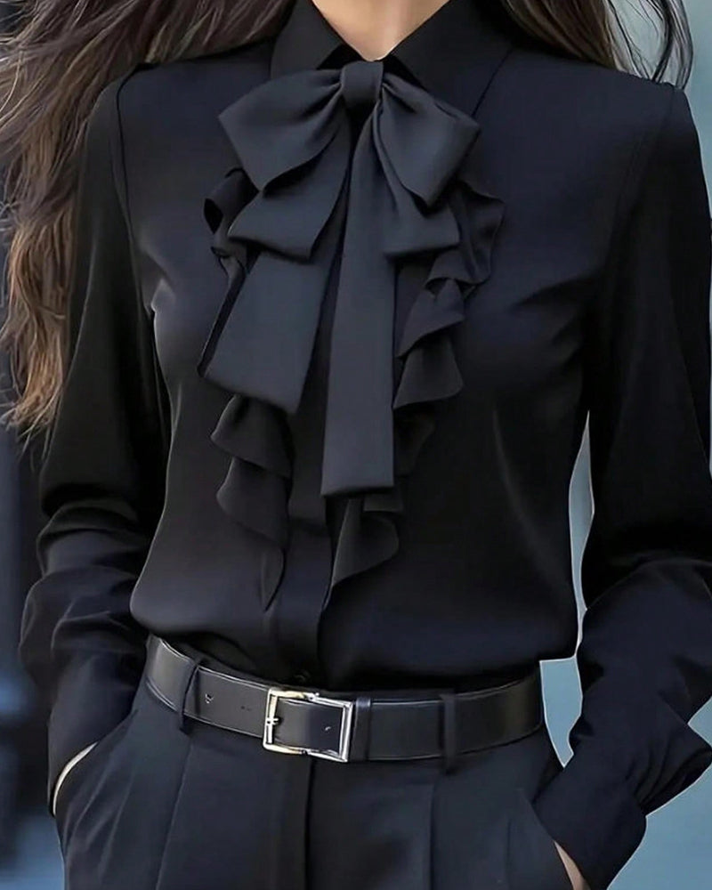 Fashion Contrast Ruffled Bow Tie Blouse