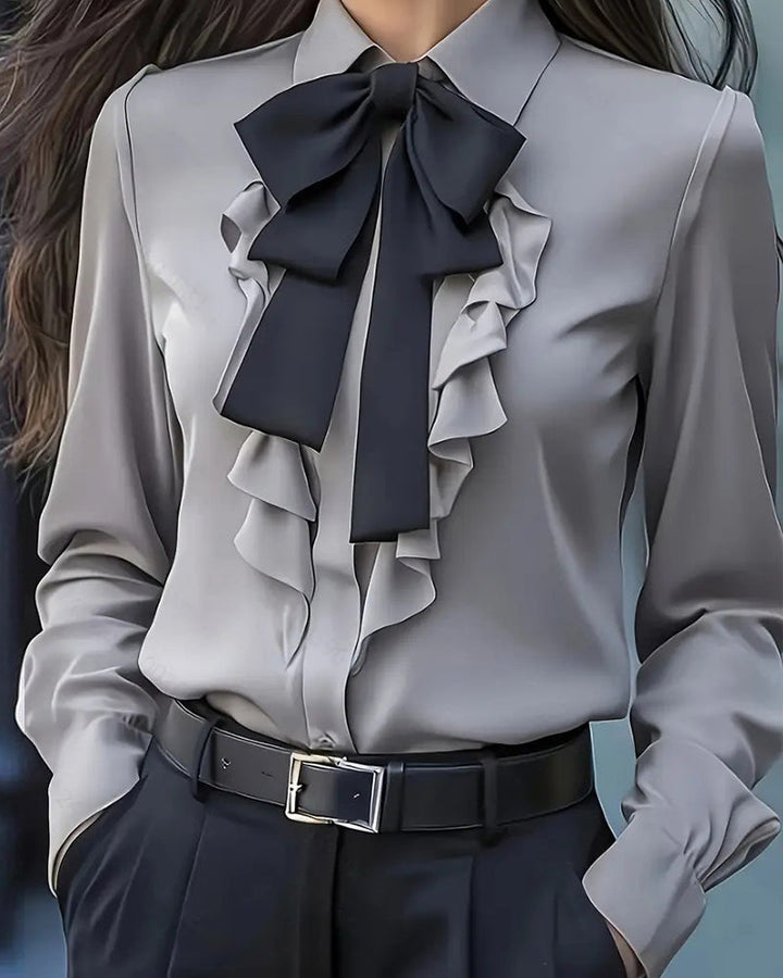 Fashion Contrast Ruffled Bow Tie Blouse