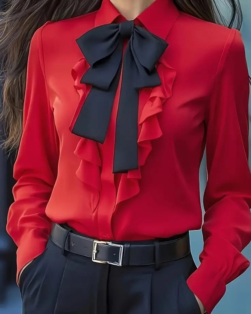 Fashion Contrast Ruffled Bow Tie Blouse