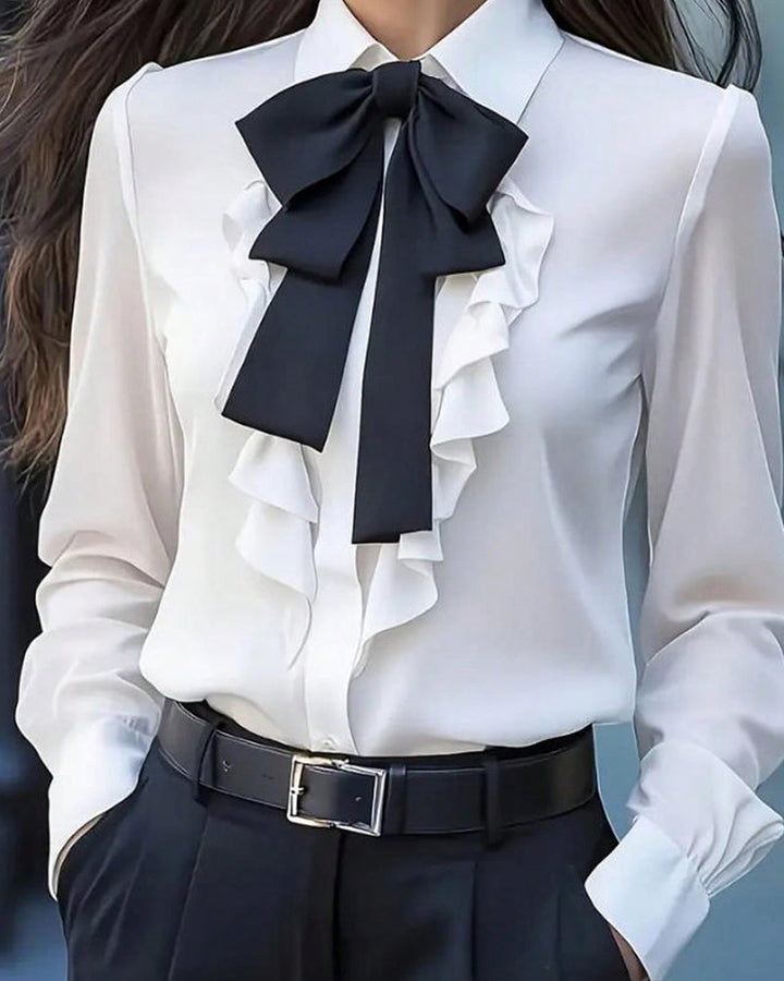 Fashion Contrast Ruffled Bow Tie Blouse