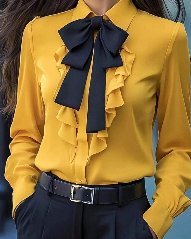 Fashion Contrast Ruffled Bow Tie Blouse