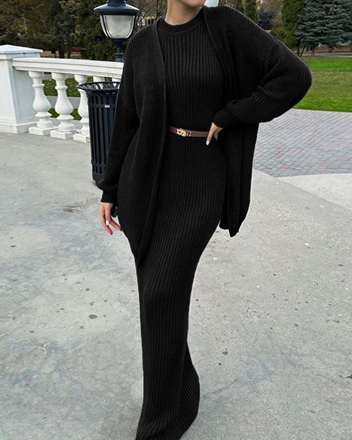 Luxury Elegant Ribbed Knit Dress and Cardigan Set