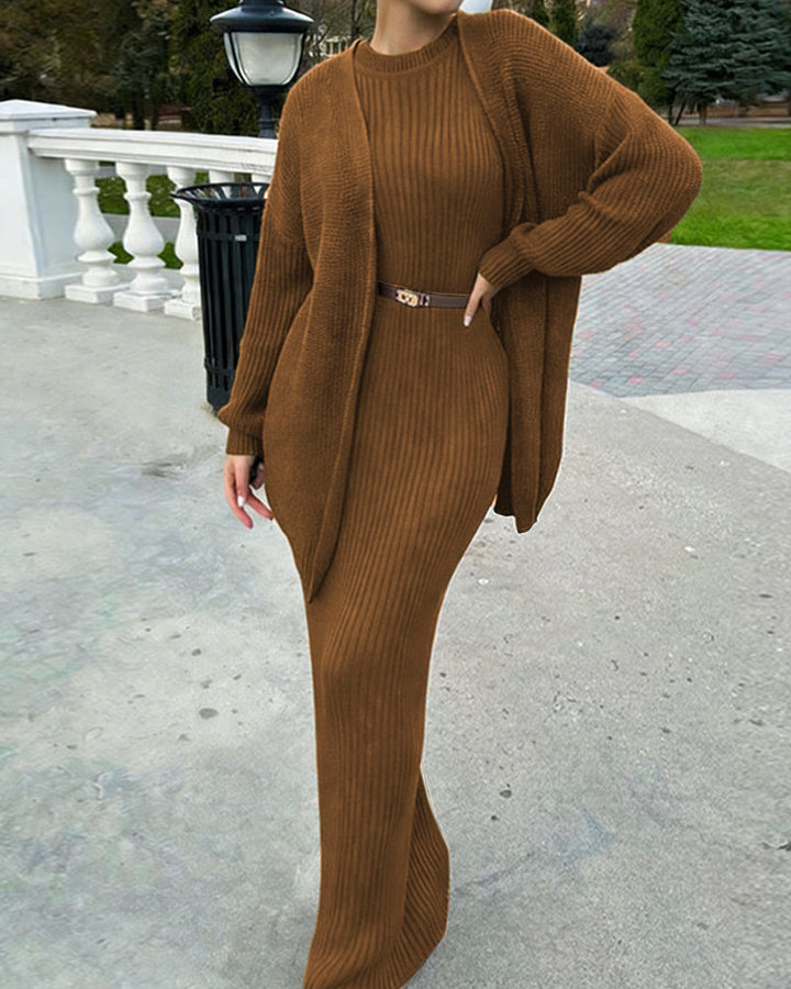 Luxury Elegant Ribbed Knit Dress and Cardigan Set