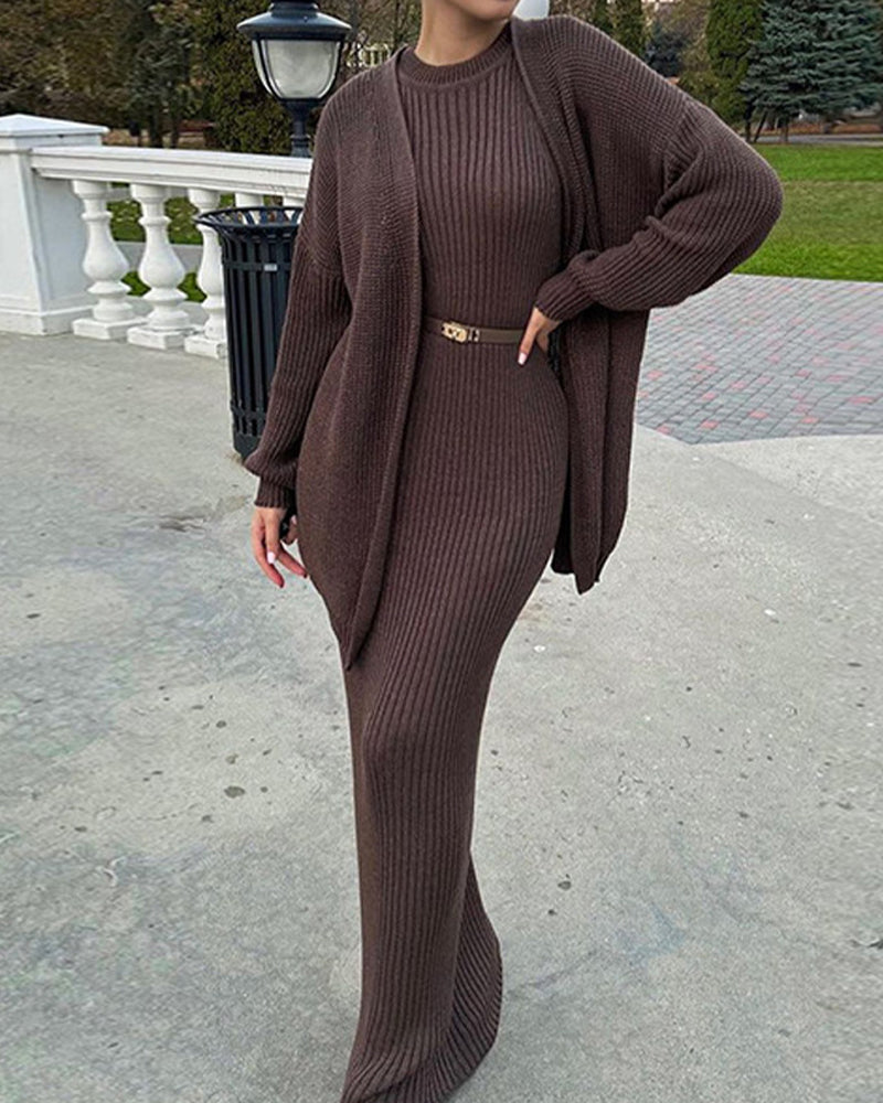 Luxury Elegant Ribbed Knit Dress and Cardigan Set