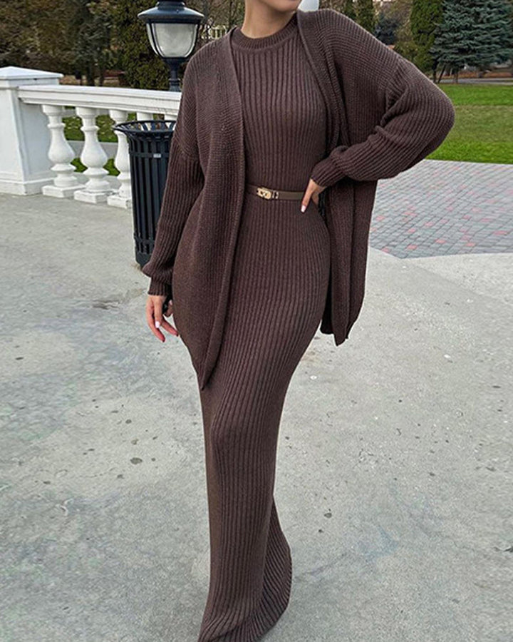 Luxury Elegant Ribbed Knit Dress and Cardigan Set