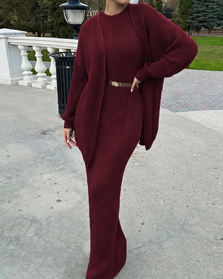 Luxury Elegant Ribbed Knit Dress and Cardigan Set