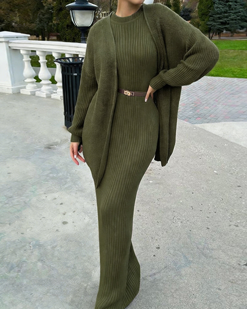 Luxury Elegant Ribbed Knit Dress and Cardigan Set