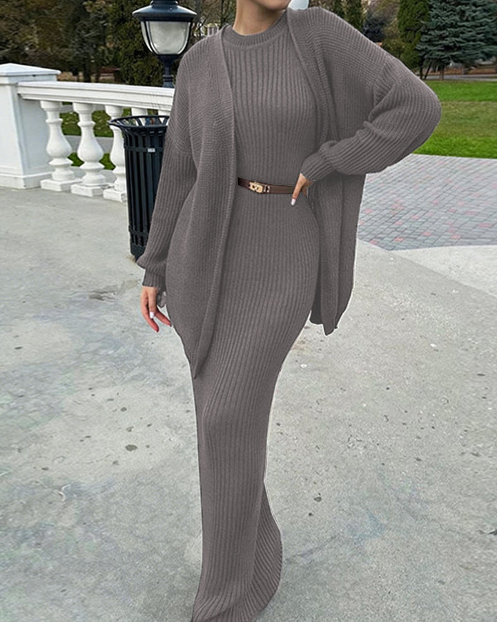 Luxury Elegant Ribbed Knit Dress and Cardigan Set