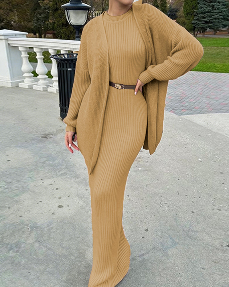 Luxury Elegant Ribbed Knit Dress and Cardigan Set