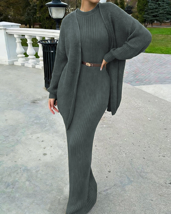 Luxury Elegant Ribbed Knit Dress and Cardigan Set