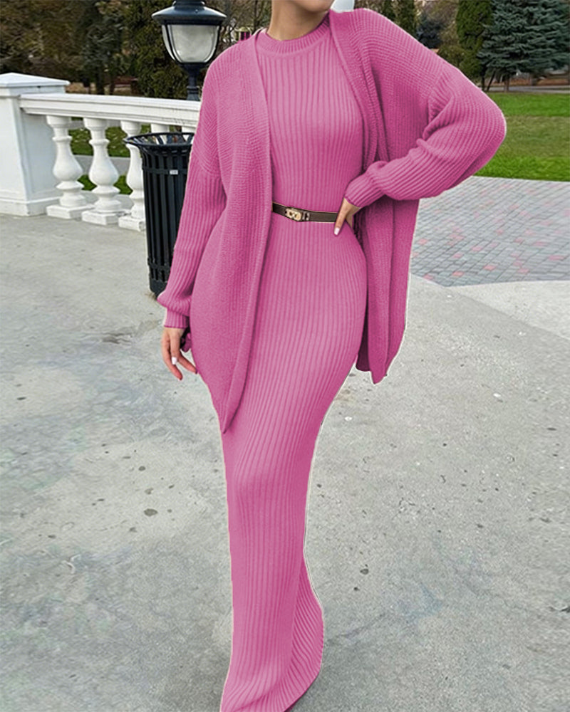 Luxury Elegant Ribbed Knit Dress and Cardigan Set