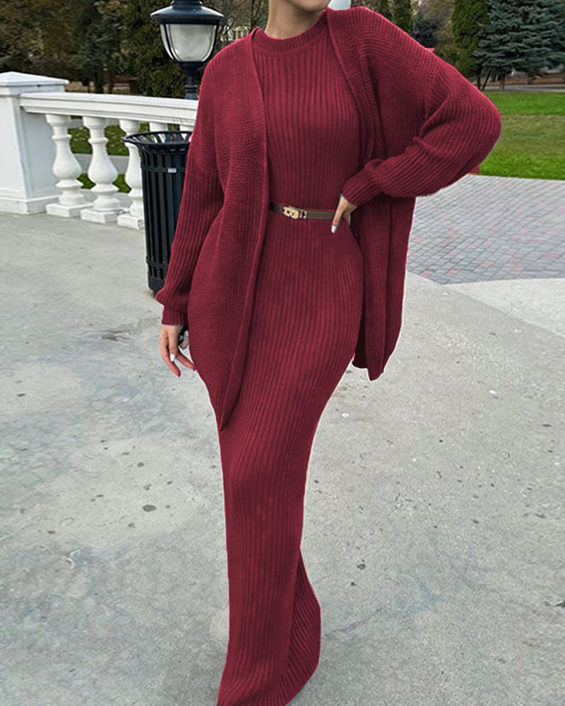 Luxury Elegant Ribbed Knit Dress and Cardigan Set