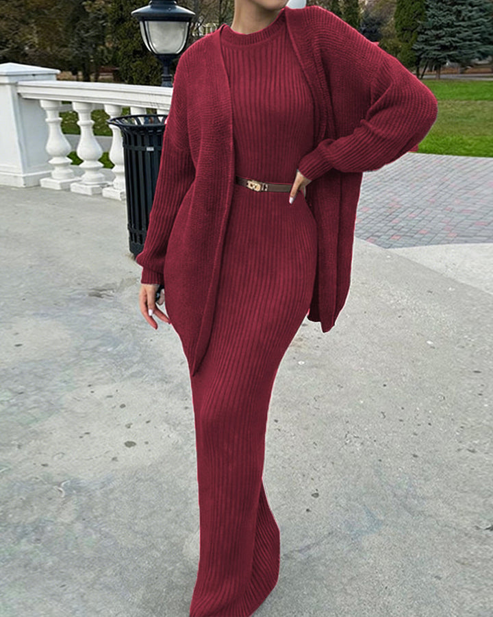 Luxury Elegant Ribbed Knit Dress and Cardigan Set
