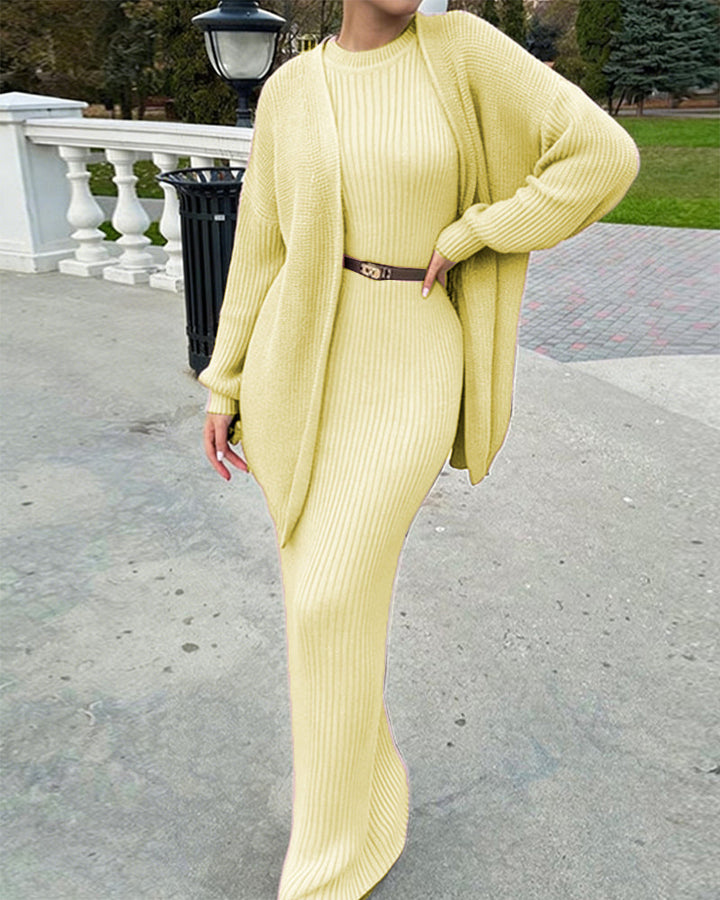 Luxury Elegant Ribbed Knit Dress and Cardigan Set