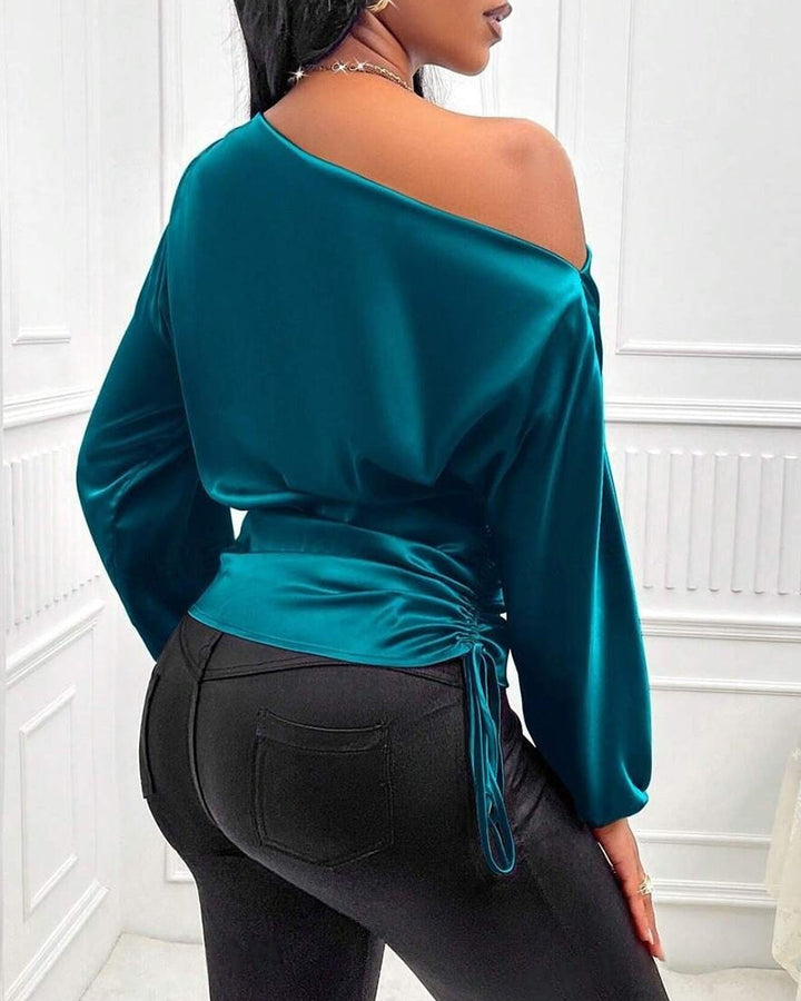 Elegant Satin Drawstring Off The Shoulder Blouse