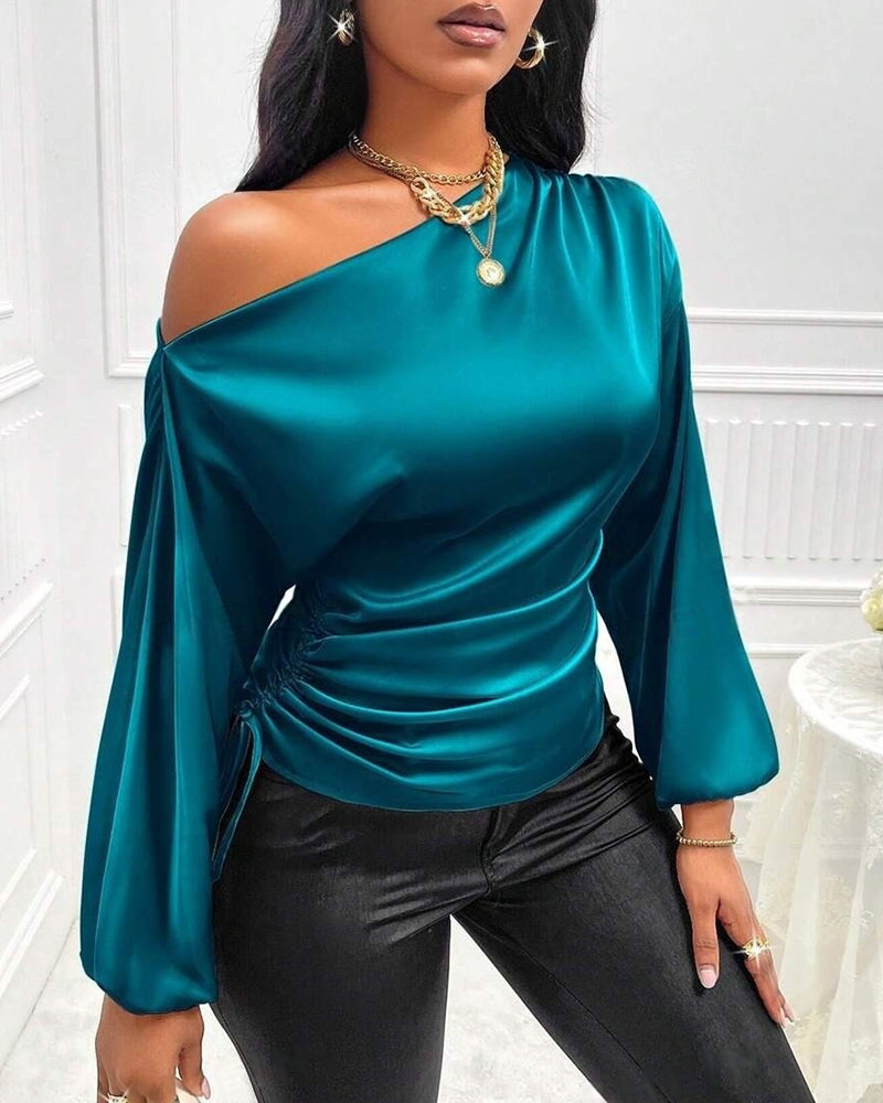 Elegant Satin Drawstring Off The Shoulder Blouse