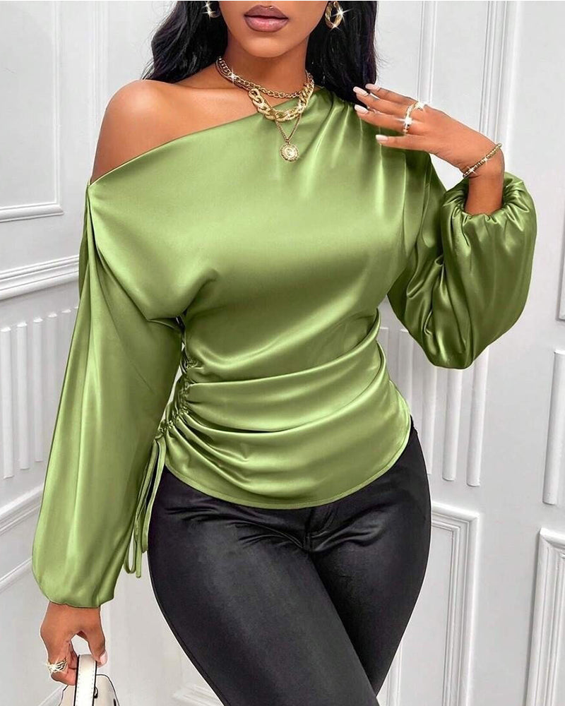 Elegant Satin Drawstring Off The Shoulder Blouse