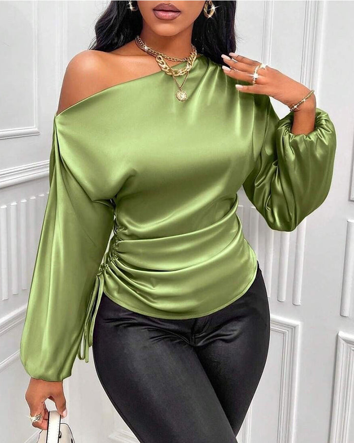 Elegant Satin Drawstring Off The Shoulder Blouse