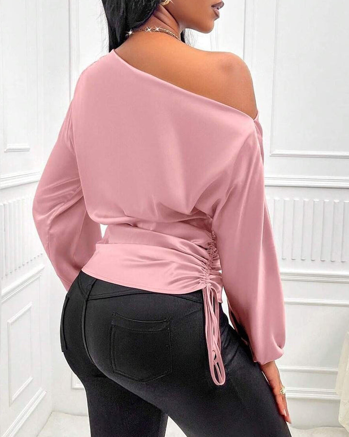 Elegant Satin Drawstring Off The Shoulder Blouse